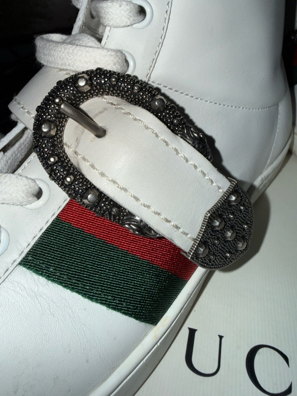 Gucci White High-Top Sneakers with Red & Green Web and Crystal Buckle - Picture 3 of 12